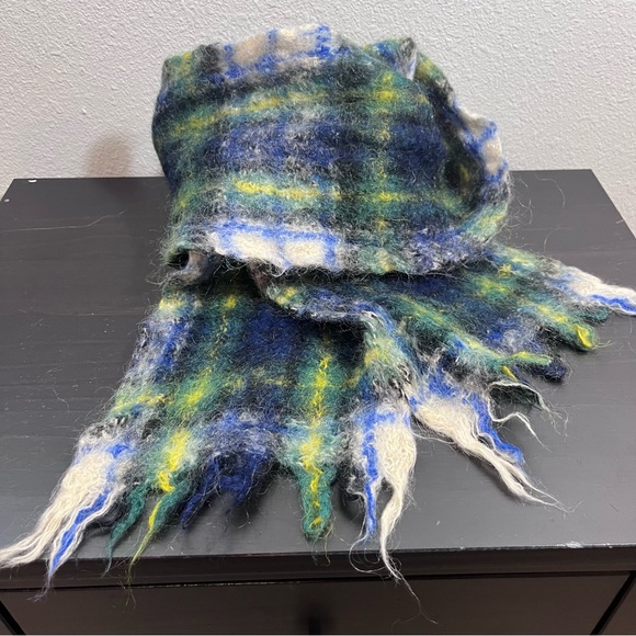 Vintage HandAcraft Scotland Mohair Wool Plaid Scarf Blue Green Tartan Luxury - Picture 6 of 9